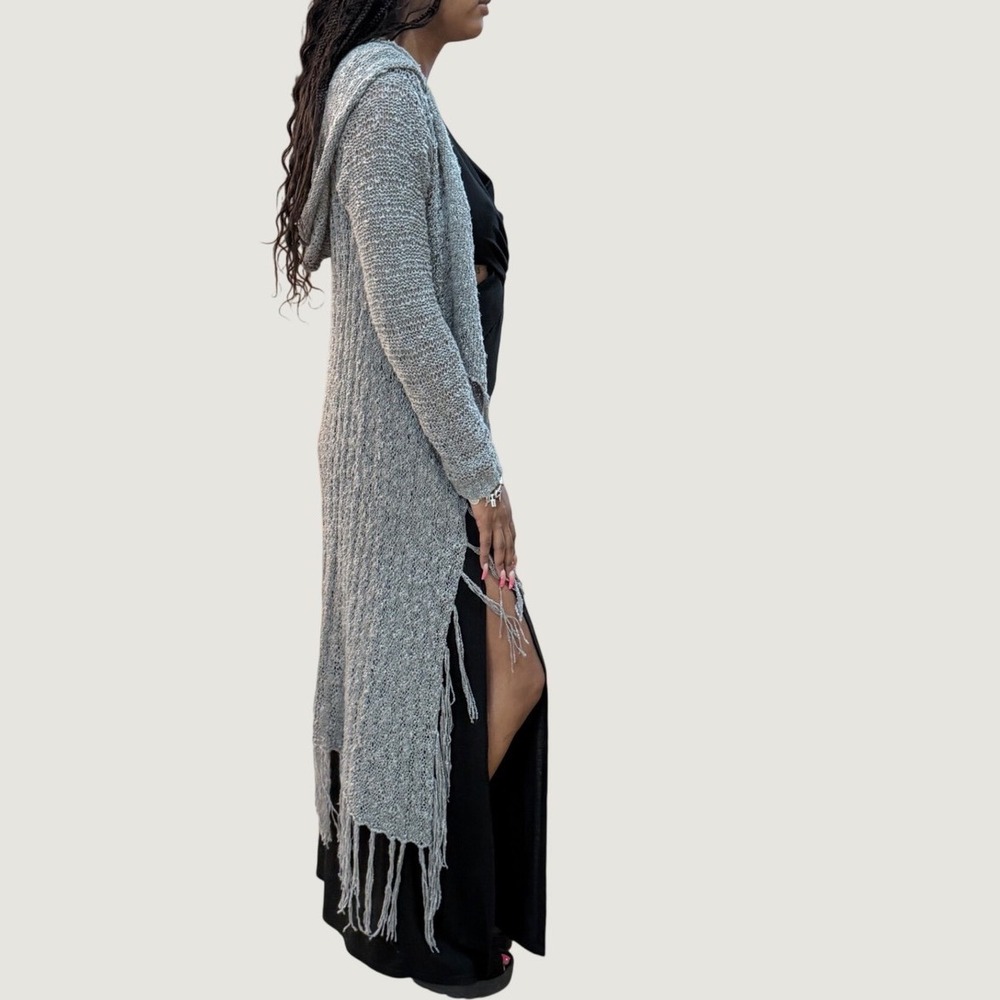 No Boundaries Gray Hooded Longline Fringe Cardigan Size M 7-9 Boho Coastal Y2K